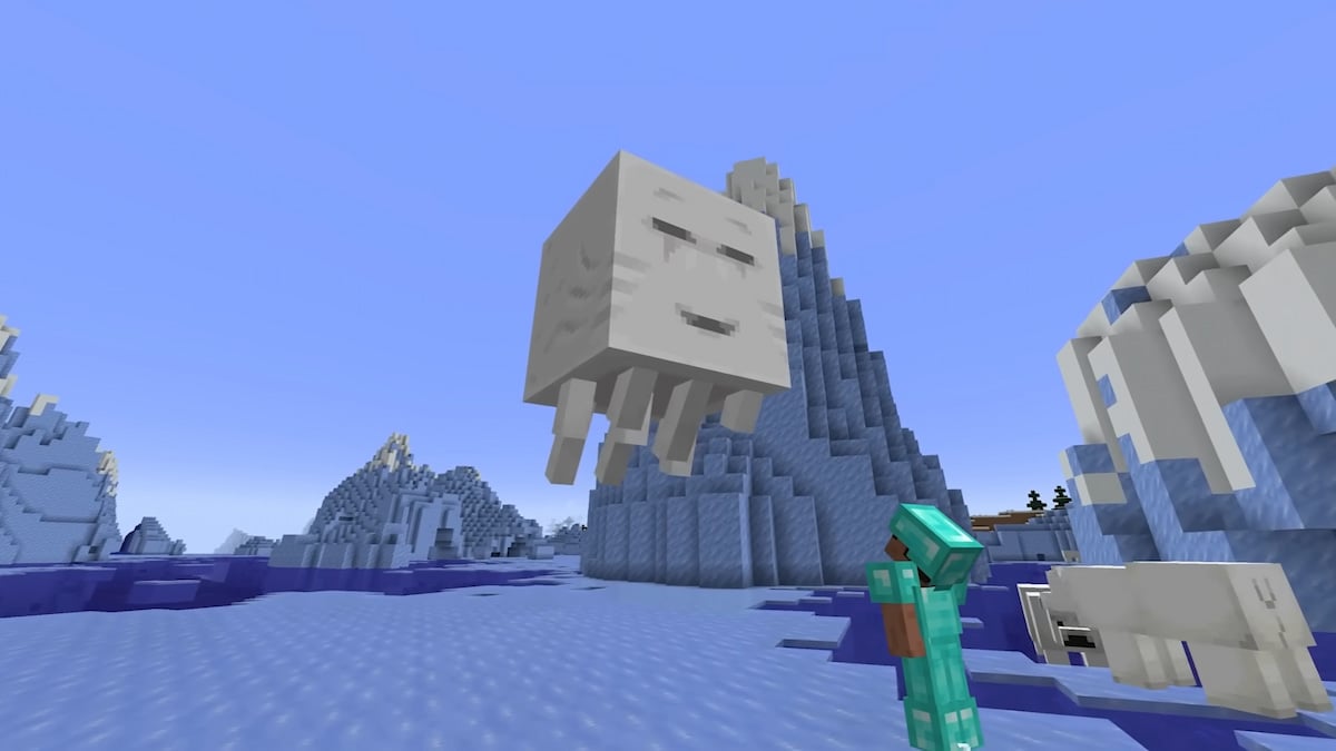 When Will the Happy Ghast Arrive in Minecraft? 6 A Happy Ghast smiling while flying over a player wearing diamond armor standing on ice in Minecraft.