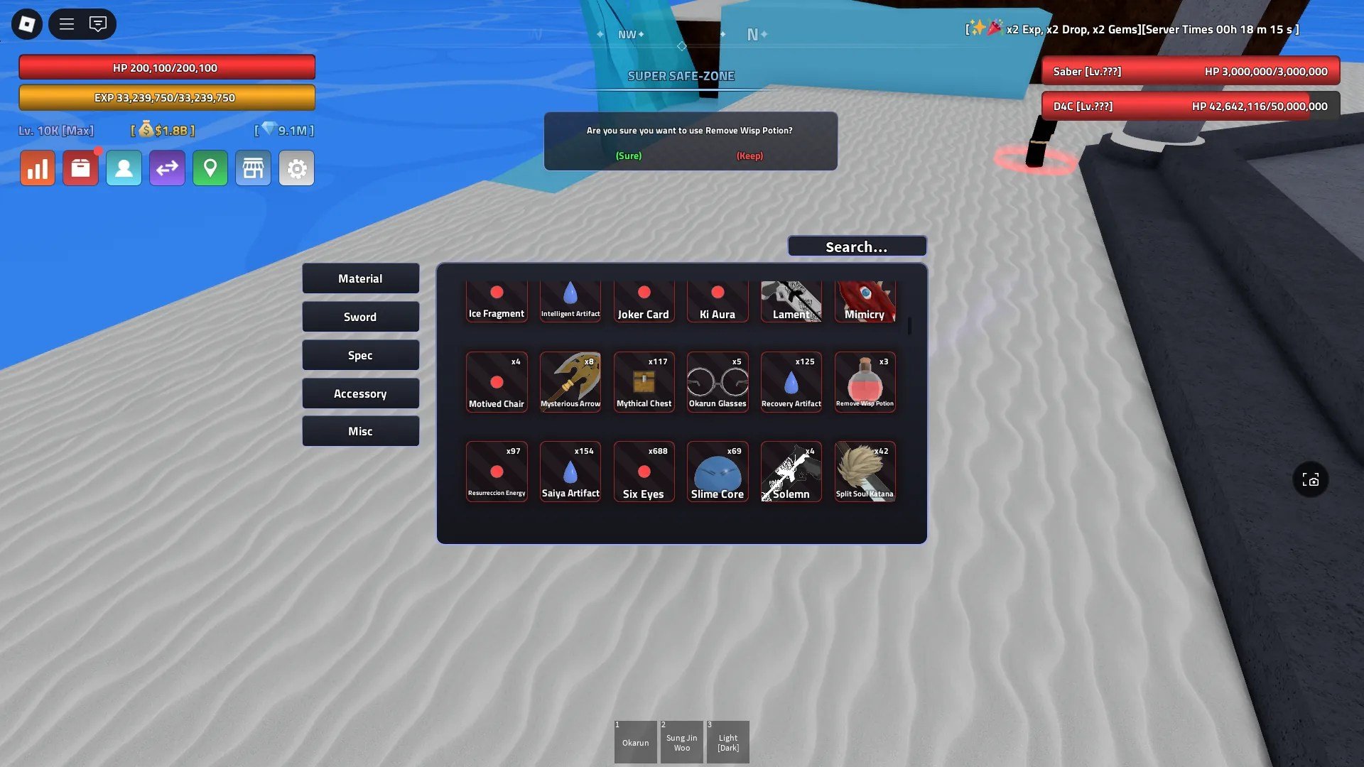 Unlock Wisps in Verse Piece: Complete Spawn Locations Guide 8 A player using the Remove Wisp Potion from their inventory in Verse Piece Roblox experience