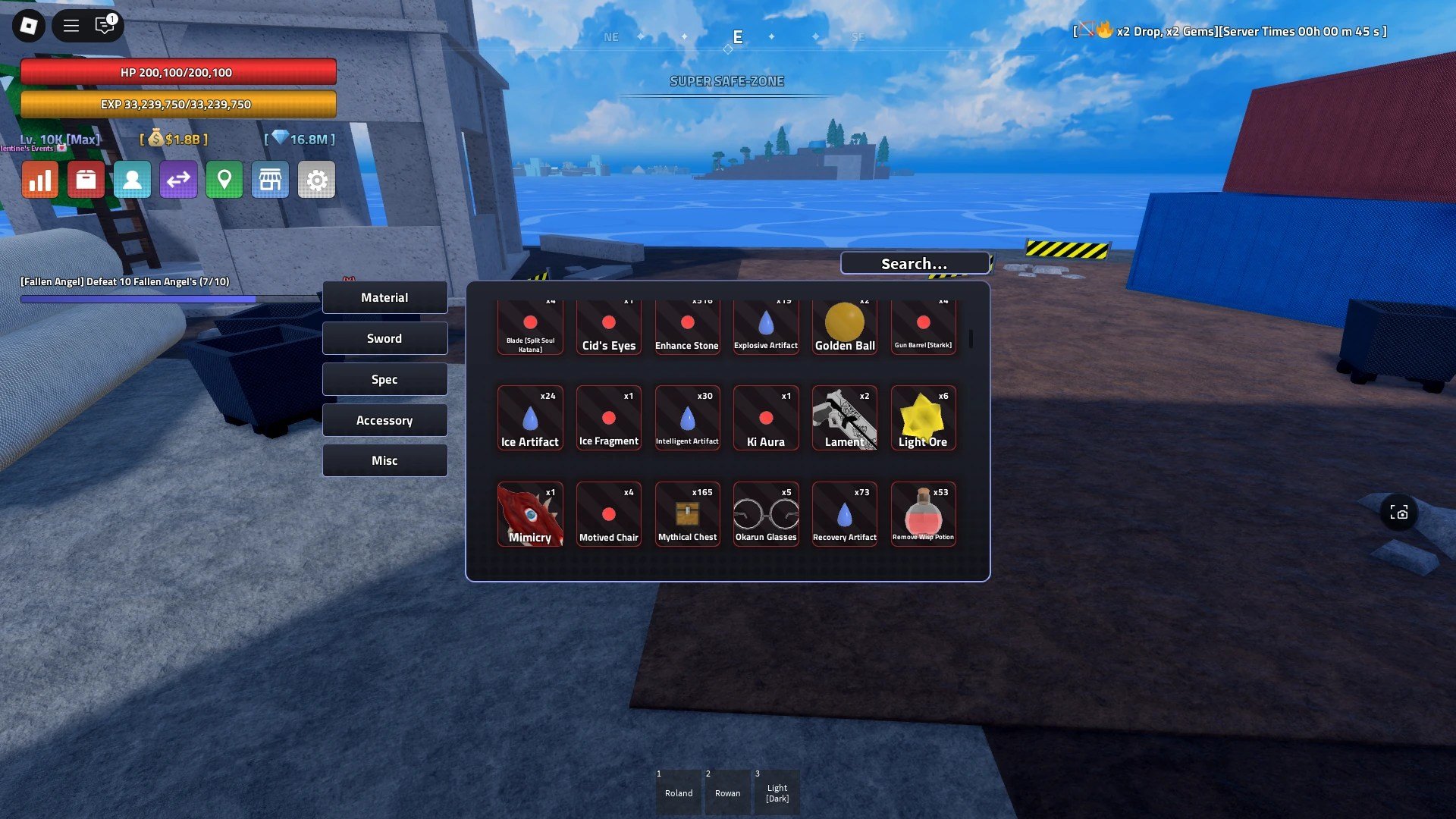 Top Light Ore Farming Method in Verse Piece: Arise System Guide 9 Preview of Light Ores as shown in a player's inventory in the Verse Piece Roblox experience