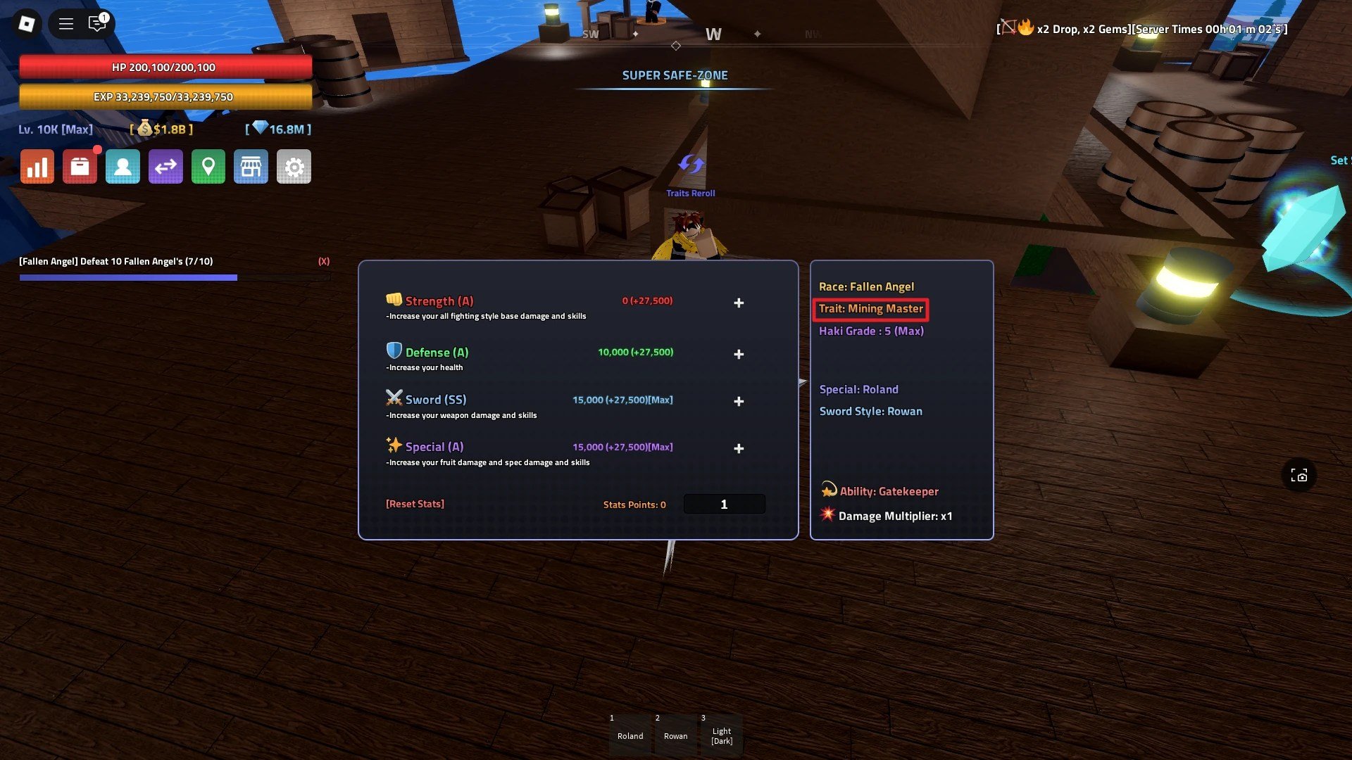 Top Light Ore Farming Method in Verse Piece: Arise System Guide 8 Preview of a player's stats window with the Mining Expert trait highlighted