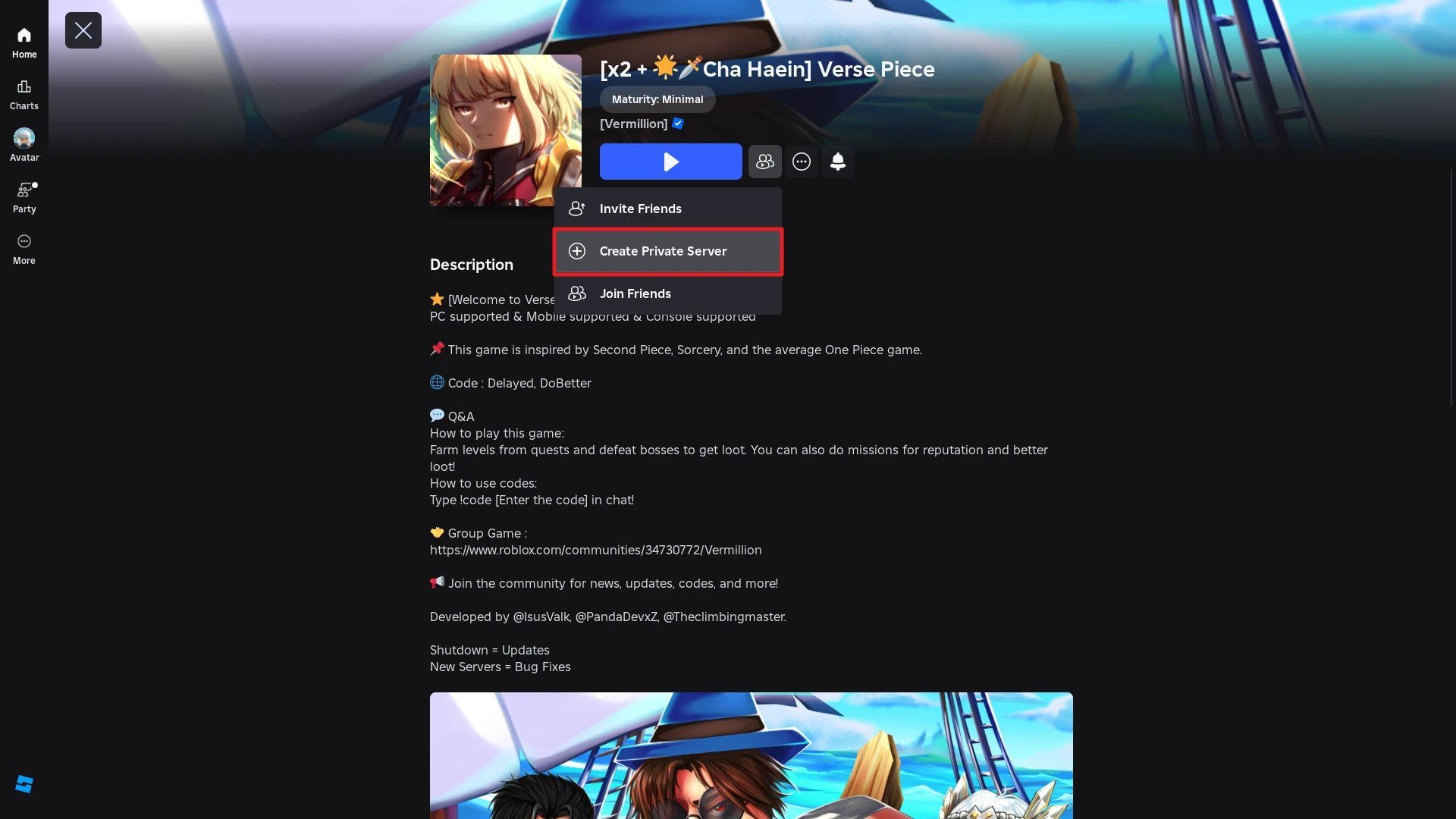 Top Light Ore Farming Method in Verse Piece: Arise System Guide 7 Preview of the Verse Piece Roblox game page with the Create Private Server button highlighted