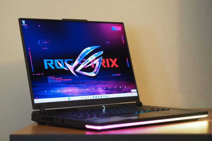 Asus ROG Strix G16 Review: Fast, Affordable Gaming Laptop Explored 6 Asus ROG Strix G16 front angled view showing display and RGB lighting.