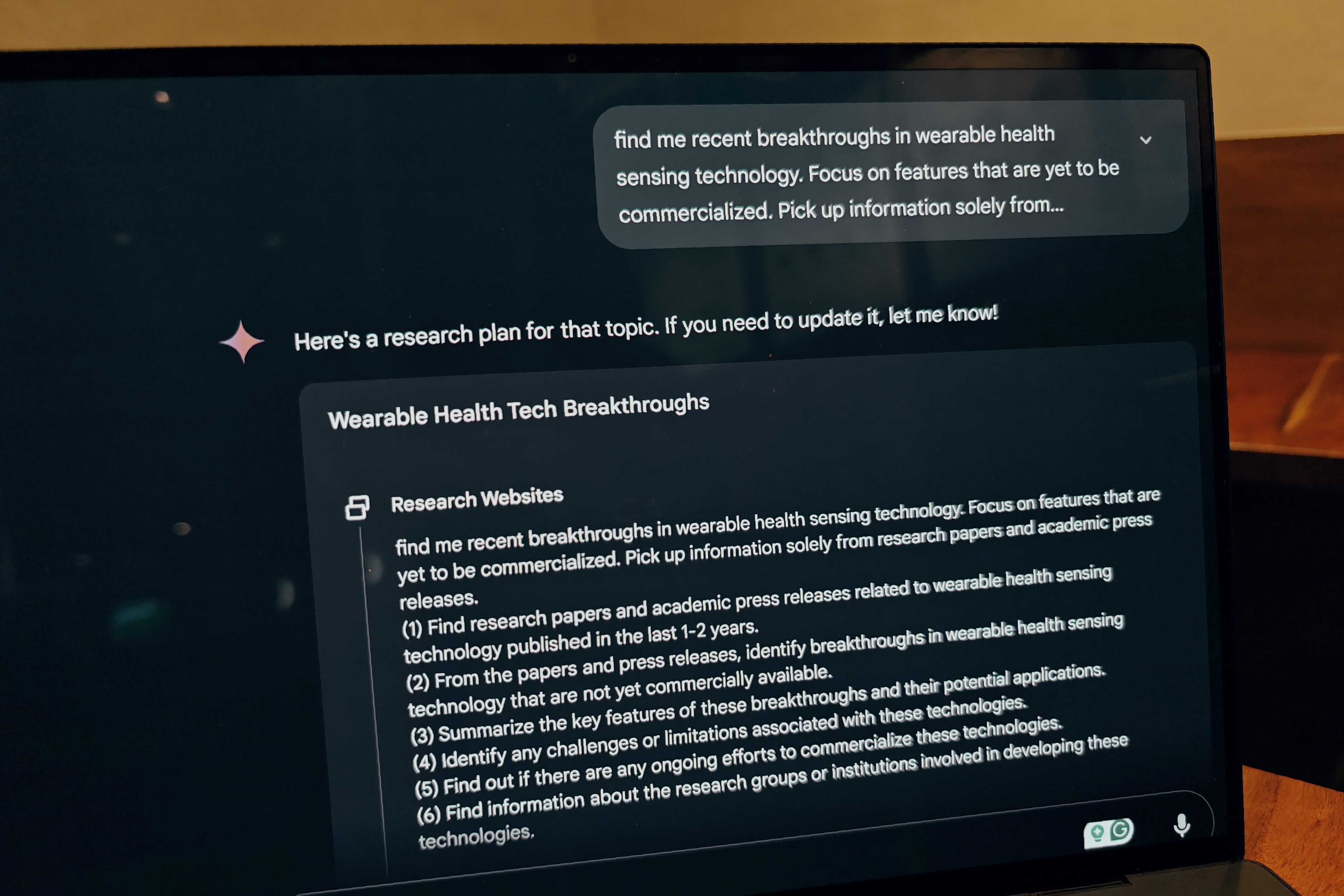 Top 5 AI Apps with Deep Research Features to Compete with ChatGPT 6 Launching a search with voice prompt on Gemini Deep Research.