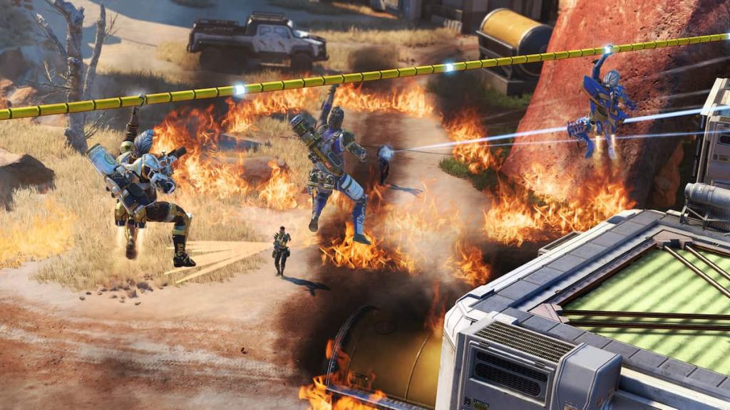 Apex’s Wild Card Mode: Quick Firefights & Epic Loot Explosions! 6 Three Fuses drop down a zipline in Apex Legends' Wild Card mode.
