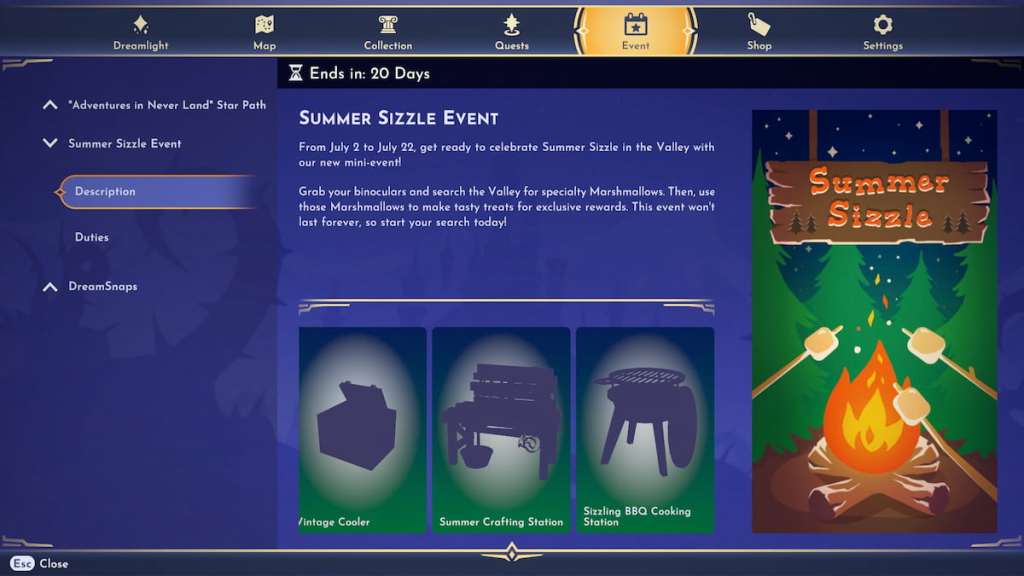 Complete Guide to All Summer Sizzle Event Duties & Rewards in Disney Dreamlight Valley 6 The Summer Sizzle event featuring a bonfire and roasted marshmallows