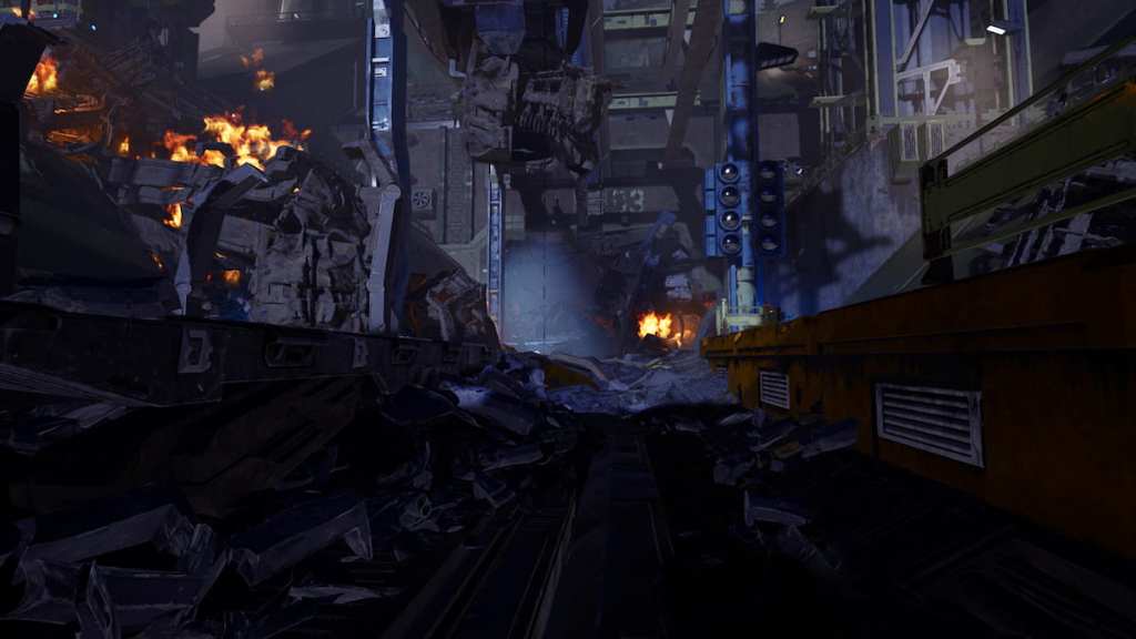 Complete the Absolute Massacre Mission in Killing Floor 3 Tips 6 Killing Floor 3's Army Depot, as seen from its main landing zone. A train wreckage is visible.