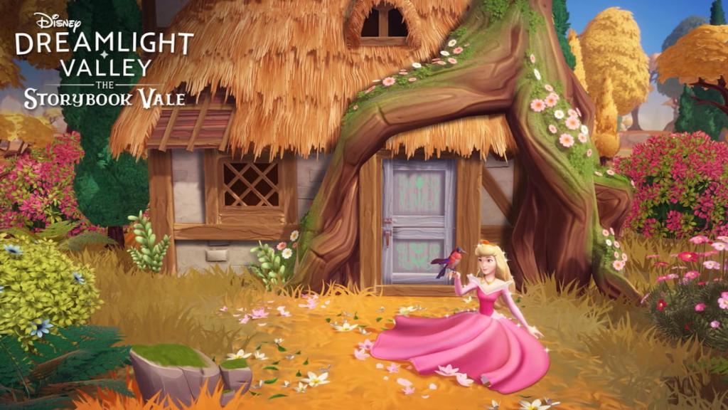 Disney Dreamlight Valley Unwritten Realms Update: Date & Time Countdown 6 Aurora wearing a pink dress and lounging on the ground in front of a quaint flowery cottage in Disney Dreamlight Valley