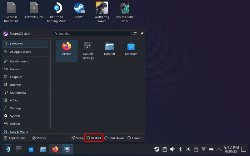 Mastering Desktop Mode on Steam Deck: A Complete Guide 10 Screenshot of Steam Deck's Desktop with Restart option