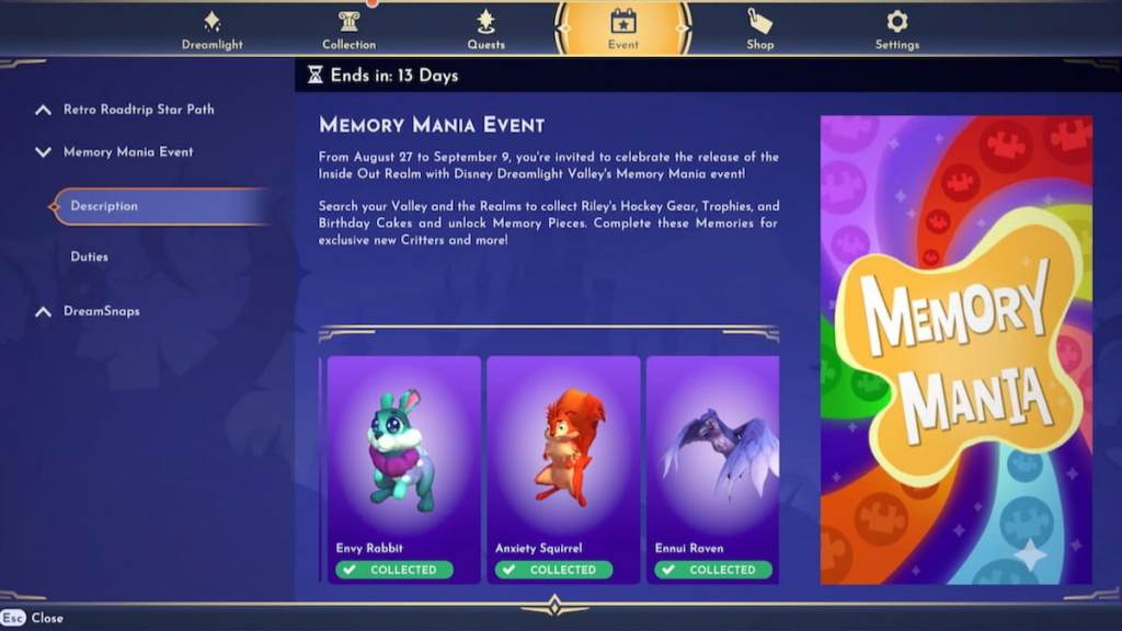 Complete Guide to Memory Mania Event Duties & Rewards in Disney Dreamlight Valley 6 memory mania event page in disney dreamlight valley