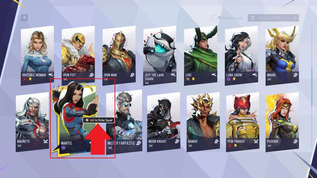 Mastering Strike Squad in Marvel Rivals: A Complete Guide 7 The add to strike squad option marked on Mantis in Marvel Rivals