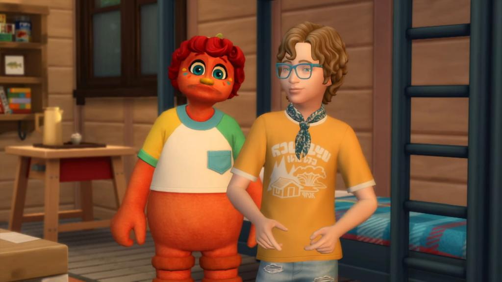Discover New Items & Features in The Sims 4: Adventure Awaits 6 A child sim with blonde hair and a yellow shirt standing by an orange imaginary friend in the sims 4