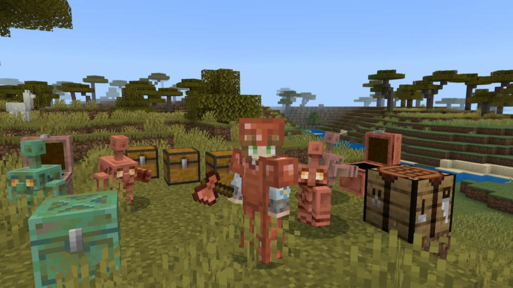 Minecraft Copper Age Update: Release Date & New Features Revealed 6 A player in all copper armor holding a copper axe standing outside surrounded by copper golems and chests in minecraft
