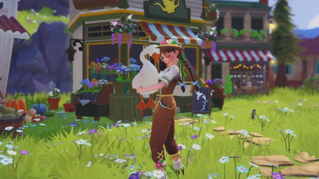 Complete Guide to Disney Dreamlight Valley Wishblossom Ranch Biomes 8 Player hugging a white goose in disney dreamlight valley