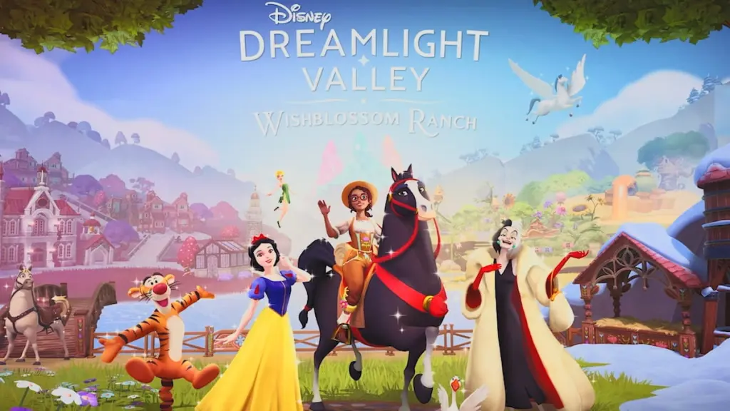 Complete Guide to Disney Dreamlight Valley Wishblossom Ranch Characters 6 Wishblossom ranch key art featuring snow white, tinker bell, cruella, tigger, and the player on a horse in disney dreamlight valley