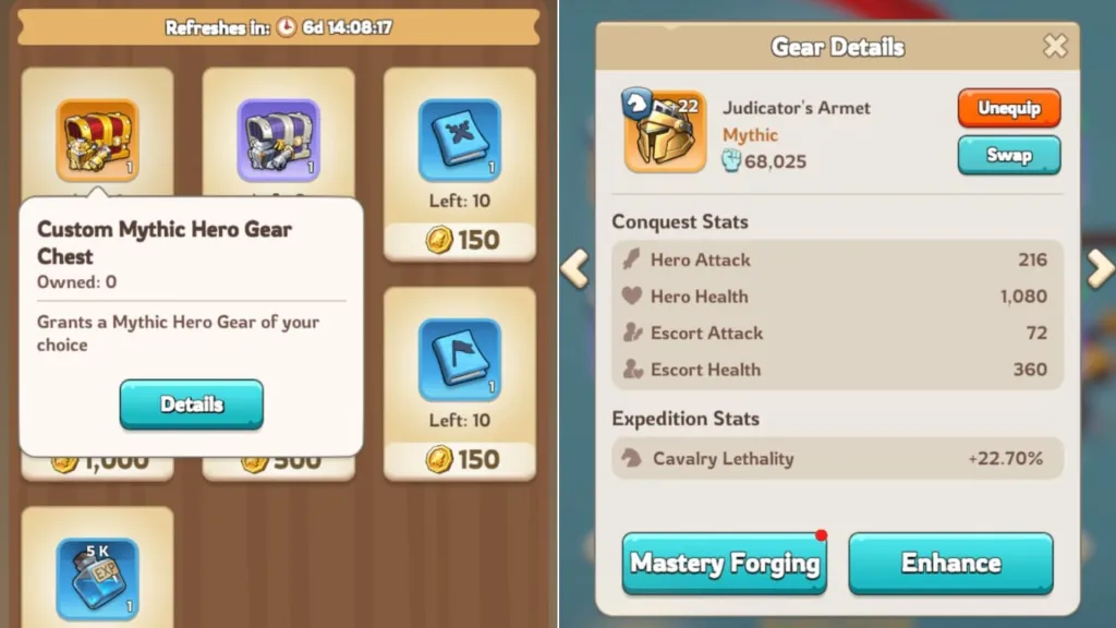 Mastering the Forgehammer: Tips for Kingshot Success 6 The Mythic Gear Choice chest on the left, the Mythic gear piece on the right.