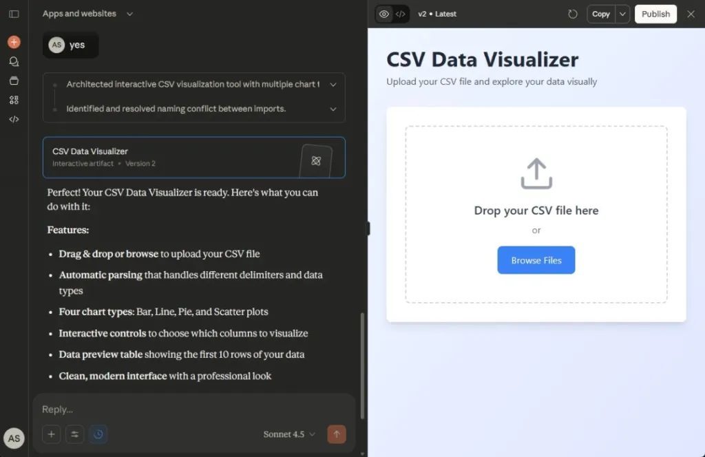 Build an AI App from Scratch: No Coding Skills Needed! 7 claude creating a CSV to data visualizer AI app