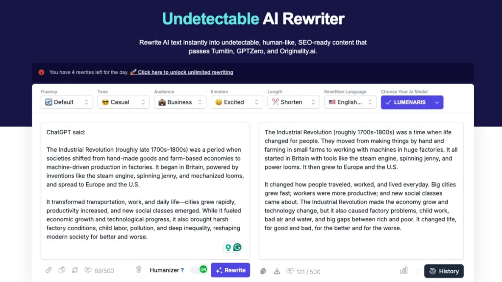 “Top 7 AI Humanizers: Tools That Pass Detection After 40+ Tests” 8 Rewriter Pro humanizing text screenshot