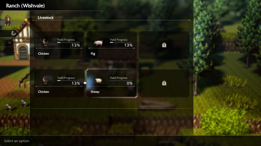 Complete Guide to All Ranch Animals in Octopath Traveler 0 6 A screenshot from Octopath Traveler 0 showing the ranch menu and animal progress.