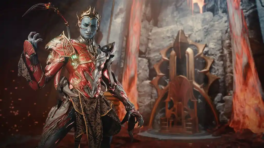 Unlocking the Vinquibus in Warframe: A Complete Guide 6 Roathe, a blue Orokin and Uriel's Protoframe, stands in front of a throne in what looks like hell.