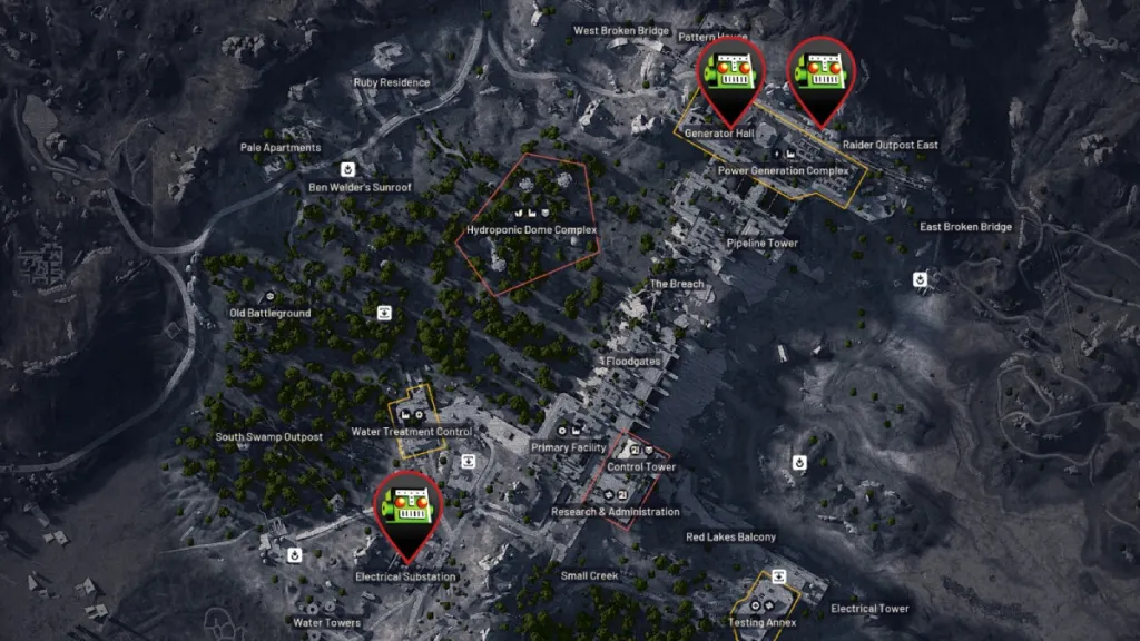 Where to Find Light Bulb in ARC Raiders: Complete Guide 6 Partial 3D render of the Dam Battlegrounds map in ARC Raiders with several locations marked with pins.