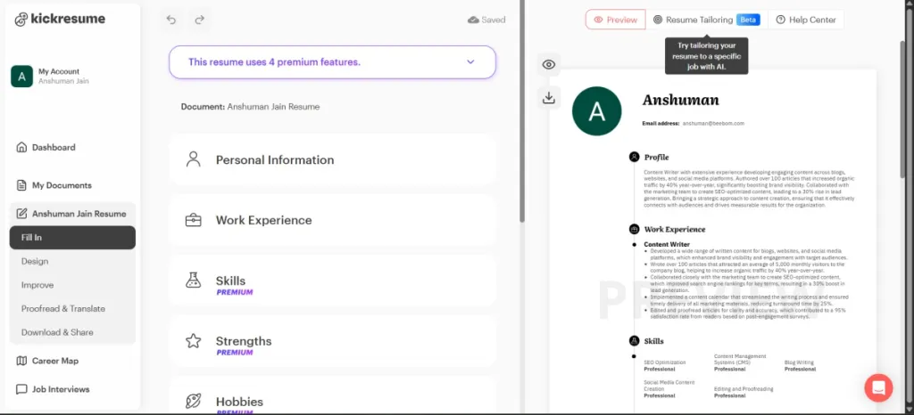 Top 10 AI Tools for Students: Tested & Approved by Experts 15 KickResume AI resume writing tool screenshot
