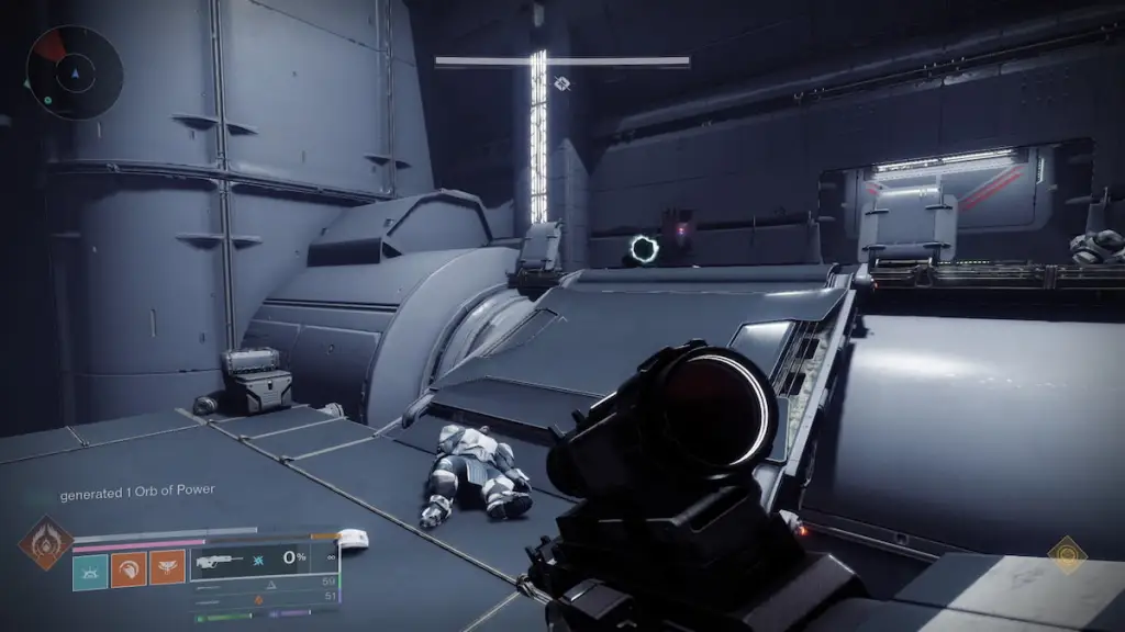 Destiny 2: The Way Between Quest Guide 9 A hangar in the Equilibrium dungeon with a small Taken Blight visible.
