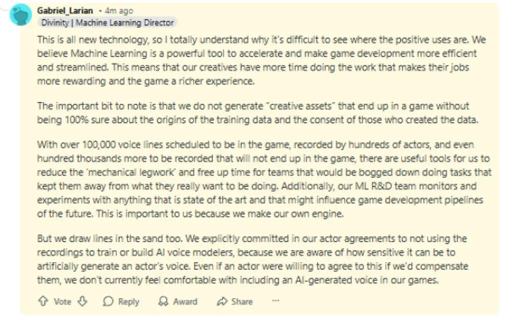 Divinity Dev: AI Won’t Replace Humans – Data Driven 7 Gabriel Larina Studios statement