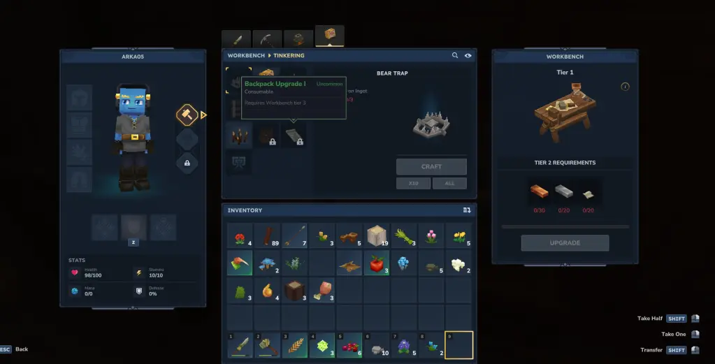 Hytale Backpack Upgrade: Max Inventory Space 7 Backpack upgrade recipe in Hytale