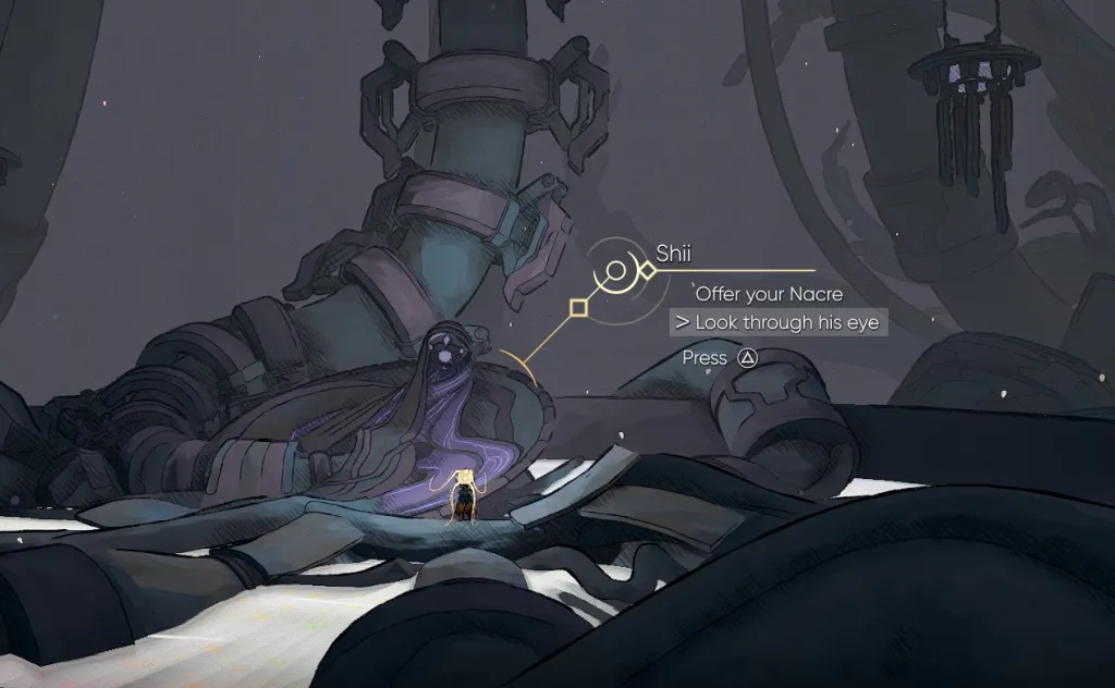 MIO: Memories in Orbit – Open Map Guide 7 A purple robed robot-looking thing sits on the floor in a dark room in this screenshot from MIO: Memories in Orbit