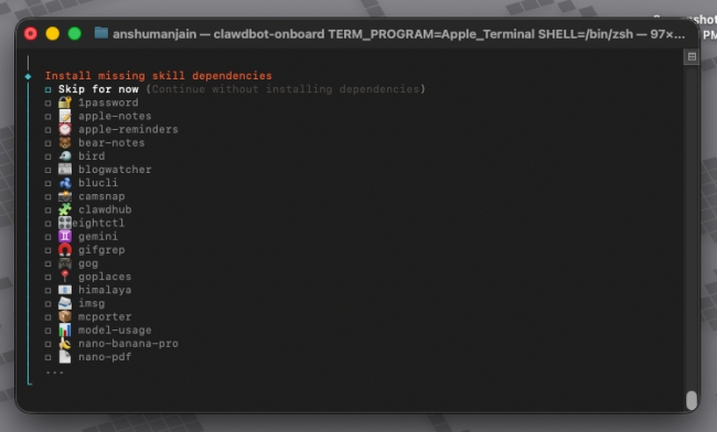 Clawdbot/MoltBot on Mac Mini: Setup Guide 11 Clawdbot add skills screen on Mac Terminal