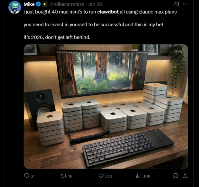 Clawdbot (MoltBot): Viral Robot Explained! 9 X post showing a bunch of Mac Mini stacked on top of each other