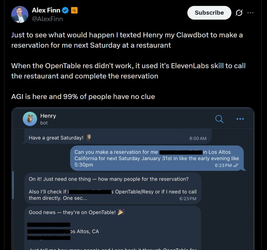 Clawdbot (MoltBot): Viral Robot Explained! 7 X post sharing how Clawdbot booked a dinner reservation