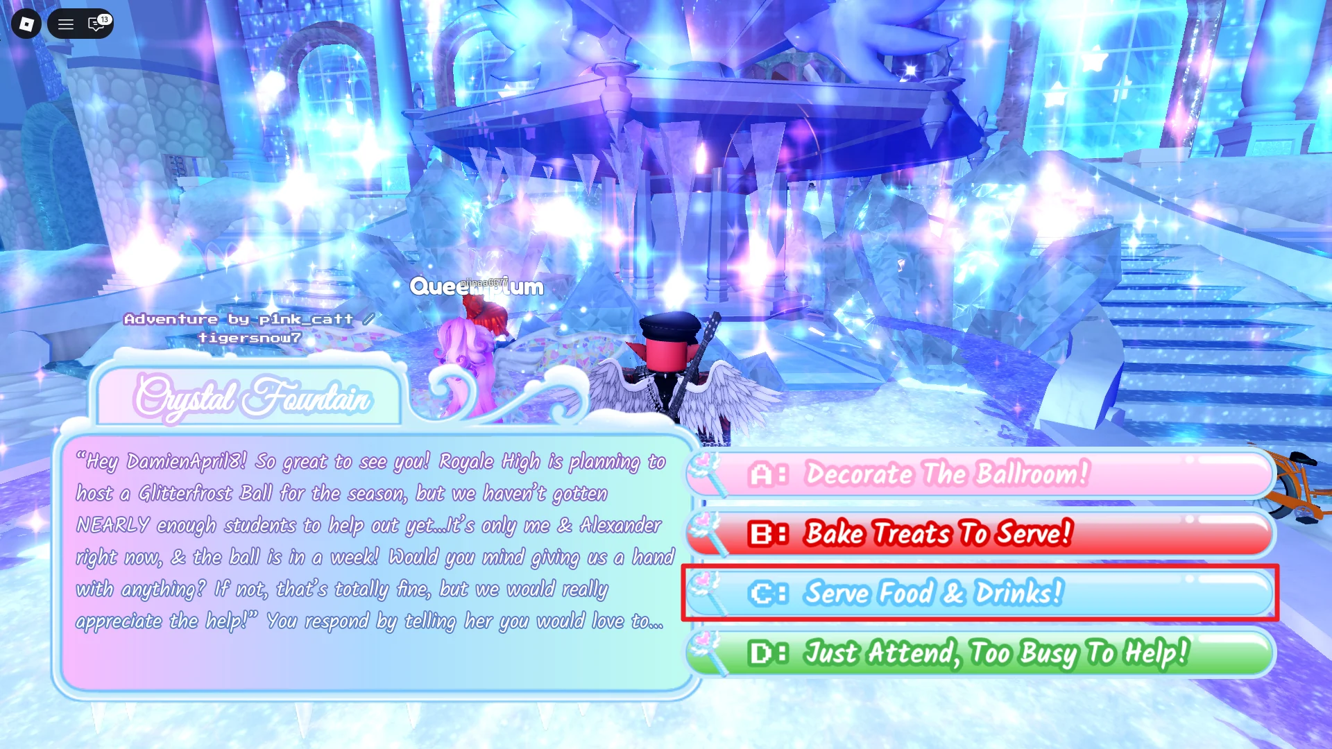 2025 Royale High Glitterfrost Halo Answers: Wave 2 Guide 6 An example of a correct Royale High Glitterfrost 2025 Halo answer for a chance to obtain the Wishing Star Woods Halo in Royale High.
