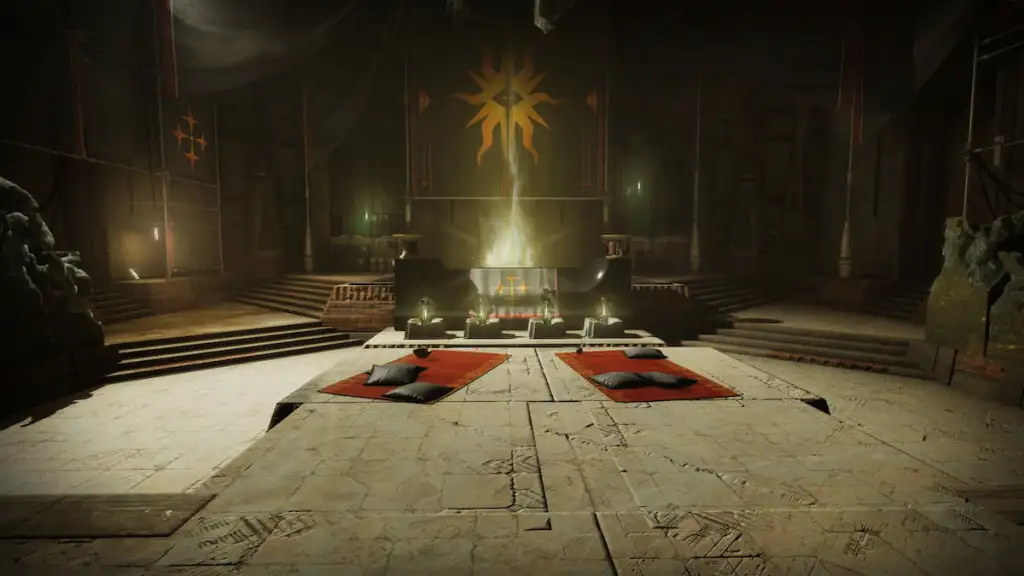 Destiny 2: The Way Between Quest Guide 6 The inner part of the Praxic Temple, with four relics deposited and a lit brazier in the background.
