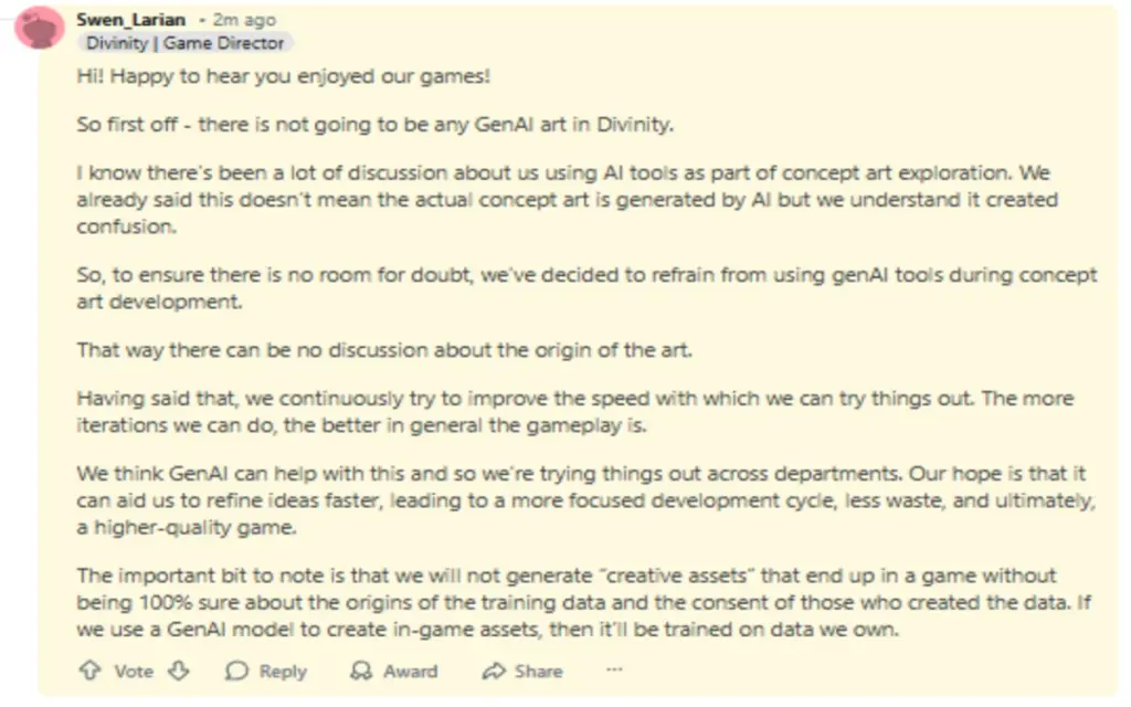 Divinity Dev: AI Won’t Replace Humans – Data Driven 6 Swen Larian statement