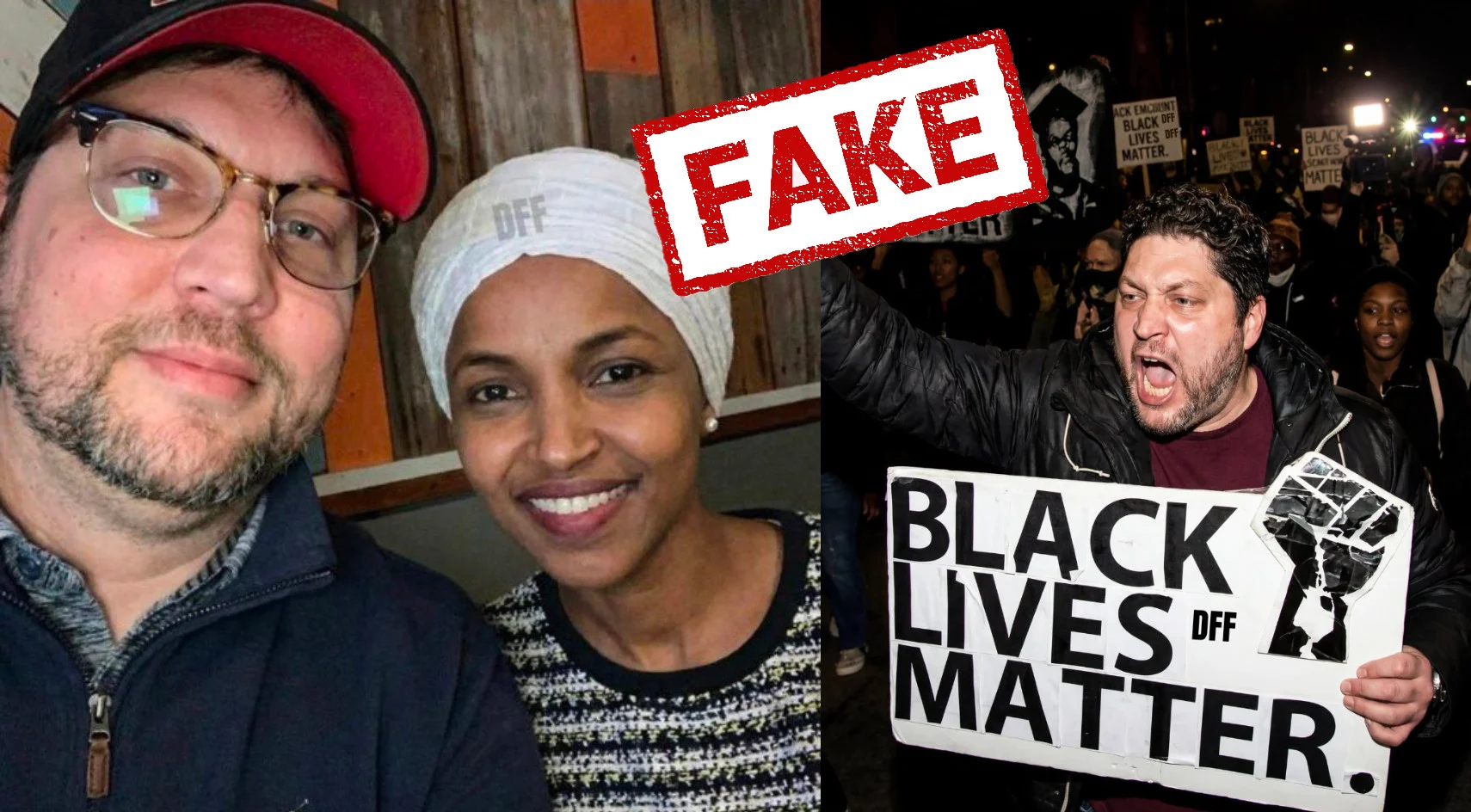 MAGA Influencers Push Fake Assassination Attempt Theory 6 A fake, AI-generated image of Anthony Kazmierczak and Ilhan Omar (left) and another fake image of Anthony Kazmierczak holding a Black Lives Matter sign.