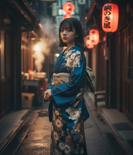 Hirohito AI Prompts: Guide, Ideas & Tutorials 9 a woman in a traditional Showa-era kimono at night