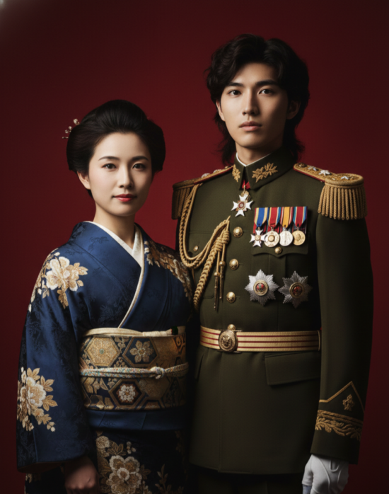 Hirohito AI Prompts: Guide, Ideas & Tutorials 10 a couple in formal Showa-era gala attire