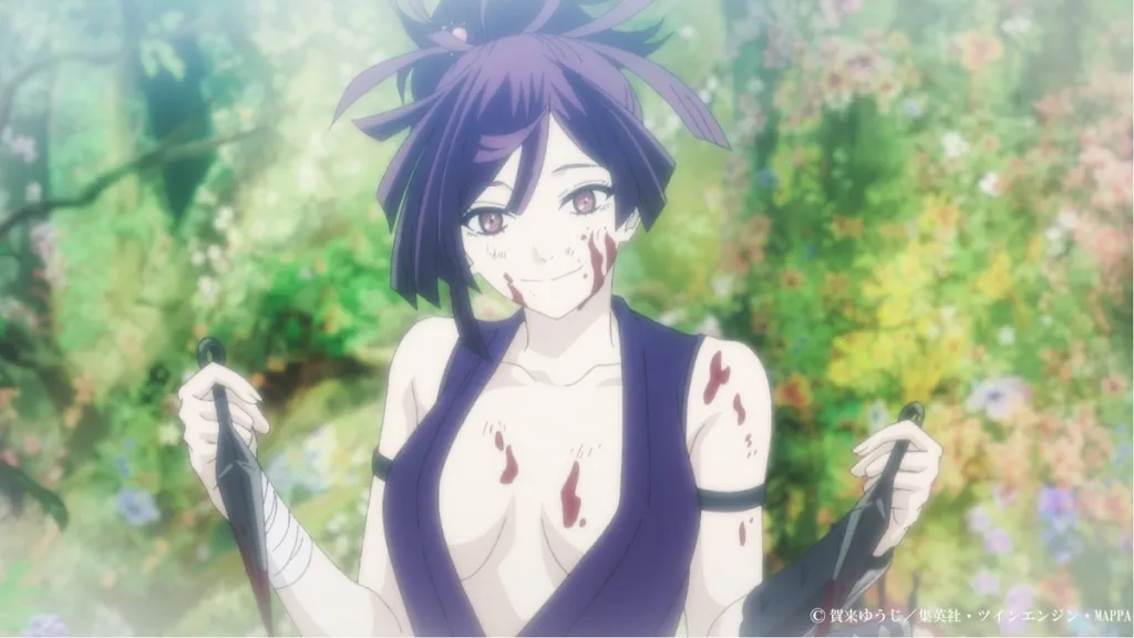 Hell’s Paradise: Yuzuriha’s Age, Powers, and Mysterious Past Explored 10 Yuzuriha covered in blood in Hell's Paradise anime