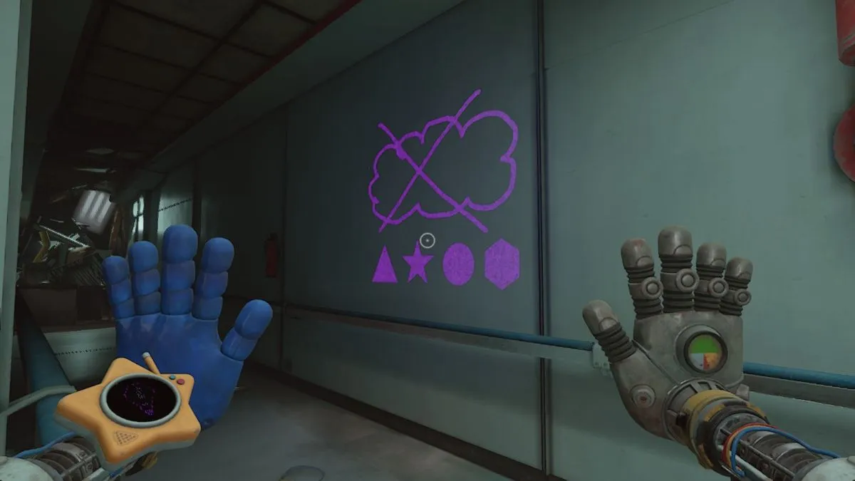 All Poppy Playtime Chapter 5 Codes – Latest List 10 UV light hint on wall with triangle, star, circle, and hexagon and crossed out cloud above it