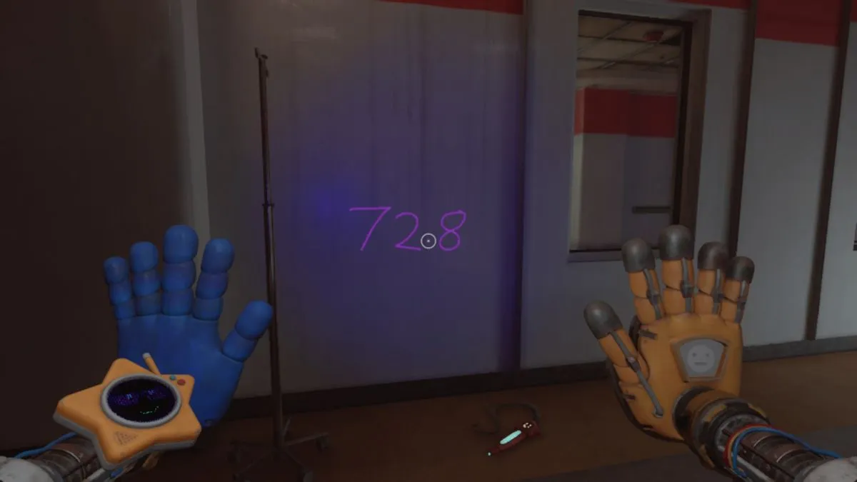 All Poppy Playtime Chapter 5 Codes – Latest List 16 Code 728 in UV light on wall with locked cabinet that has red tape inside