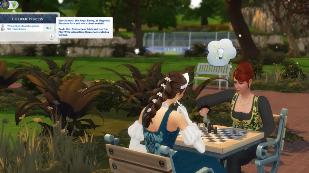 Beat the Royal Envoy in Sims 4 Chess: Winning Strategy 6 Two sims playing chess in a park in the sims 4