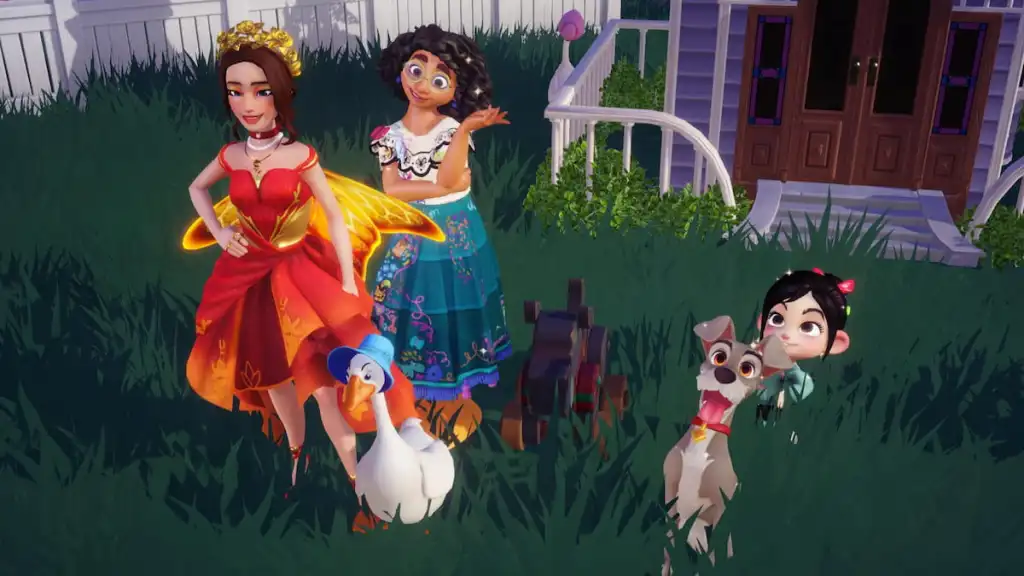 Complete Walkthrough: Not Your Average Squeaky Toy in Disney Dreamlight Valley 6 Player standing with tramp, mirabel, and vanellope by a dog toy in disney dreamlight valley