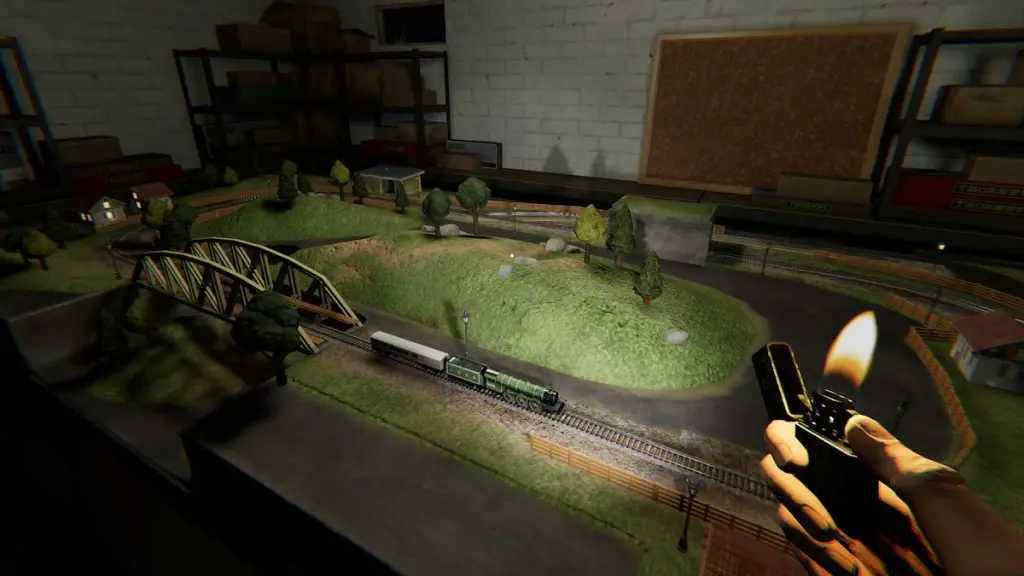 How to Complete Entangled Terror in Phasmophobia: Step-by-Step Guide 7 Holding a lighter and standing by a train set in basement in phasmophobia