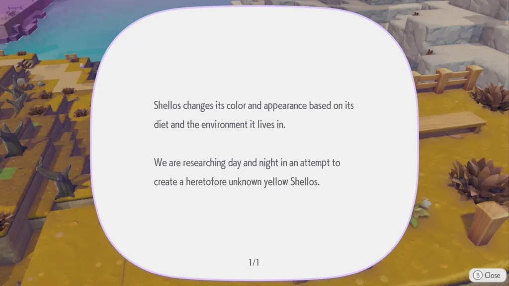 How to Get Shellos in Pokopia: Locations & Tips 9 A white dialogue blurb popped up in Pokopia titled "Shellos report" talks about how a yellow shellos may exist