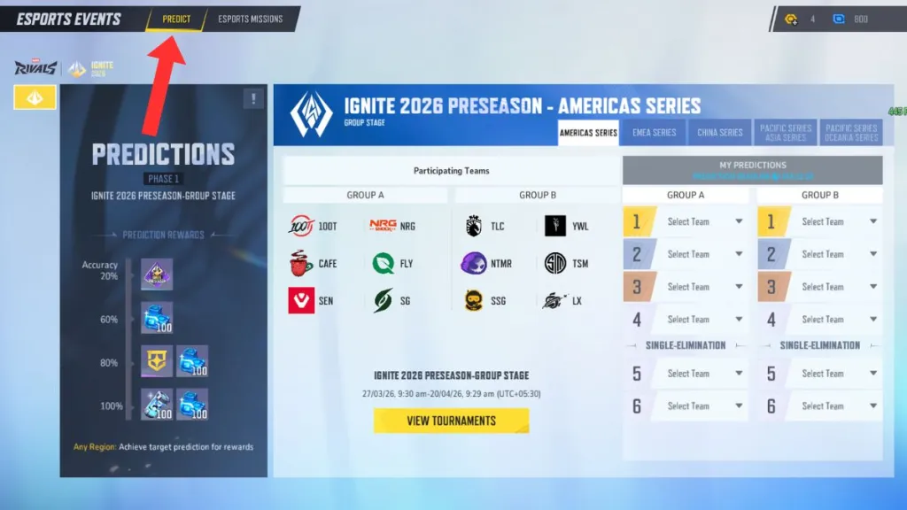 Marvel Rivals Ignite 2026 Preseason: Predictions & Rewards 12 Marvel Rivals Esports Menu Prediction Section