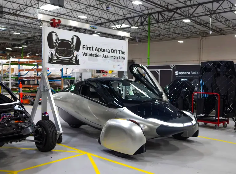 Aptera Builds First Solar EV on Assembly Line, Nears Production 6 Photo of the first Aptera solar EV to roll off its low-volume assembly line.