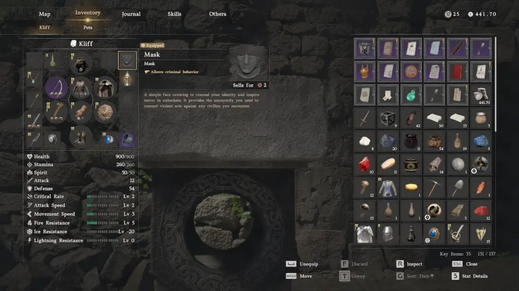 How to Steal in Crimson Desert: Easy Guide & Stealth Tips 6 The mask item selected in Crimson Desert's inventory screen.