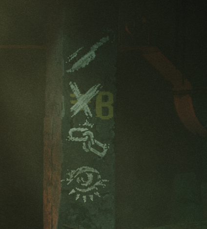 How to Open Slave Cages in REPLACED – Quick Guide 7 A stone column with white chalk symbols on it, starting with a knife, then a cross, then a chain, and finally an eye.