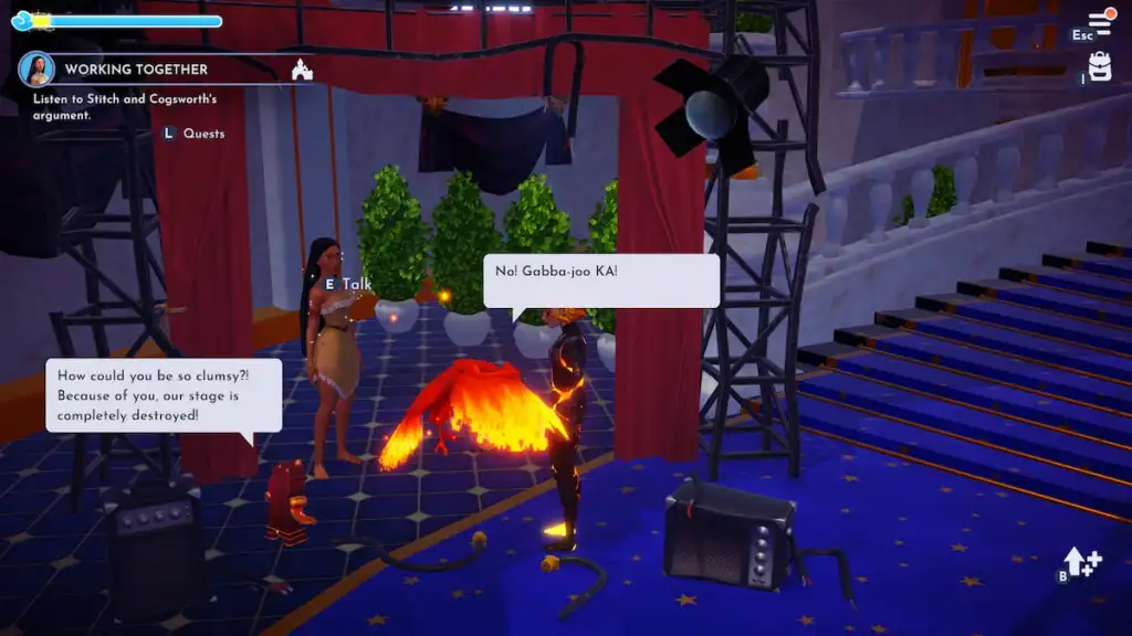Disney Dreamlight Valley: Working Together Quest Walkthrough 6 Cogsworth and stitch arguing in DDV